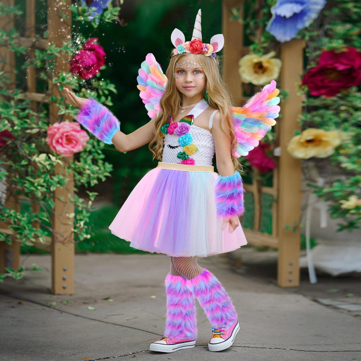 Tacobear 8pcs Unicorn Costume for Girl with Fluffy Glove, Leg Warmer, Feather Wings, Tutu Skirt, Headband, Wand, Halloween Christmas Birthday Gift Toy Dress Up Clothes Unicorn Dress for Girl 4 5 6 7 8