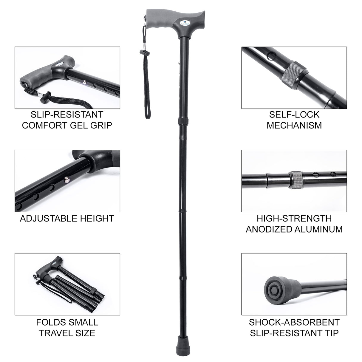 FSA/HSA Eligible, Vaunn Medical Easy Grip Height Adjustable Folding Cane/Walking Stick with Strap/Pouch- Compact, Portable, and Safe Walking Assistant- Non-Slip Grip Handle- Men, Women, Elderly