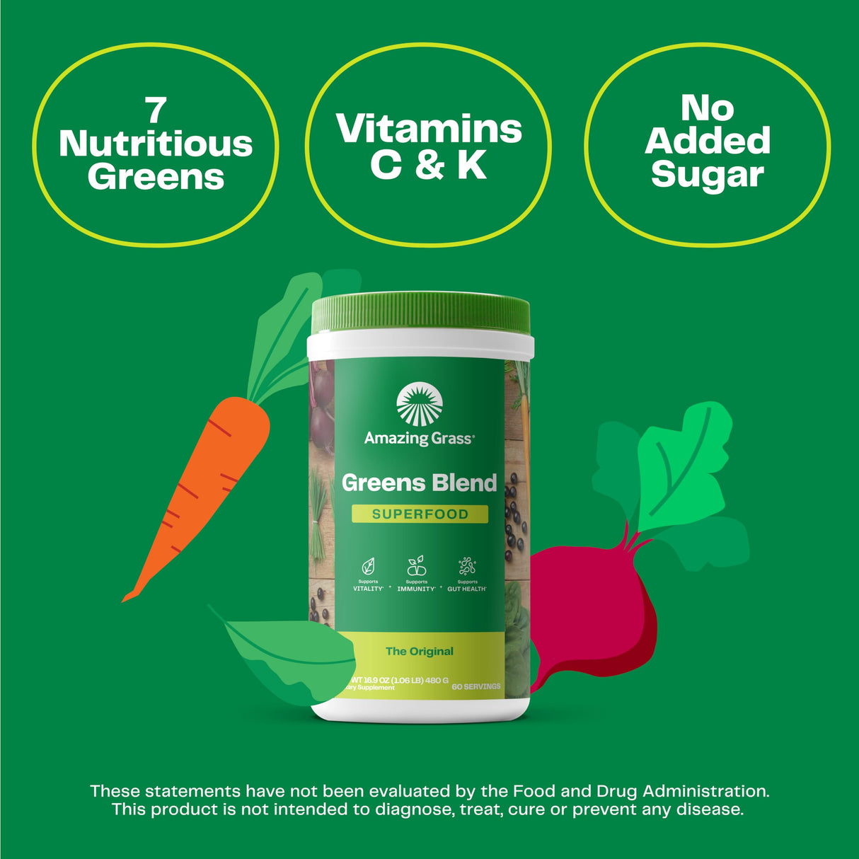 Amazing Grass Greens Blend Superfood: Super Greens Powder with Spirulina, Chlorella, Beet Root Powder, Digestive Enzymes, Prebiotics & Probiotics, Original, 60 Servings (Packaging May Vary)