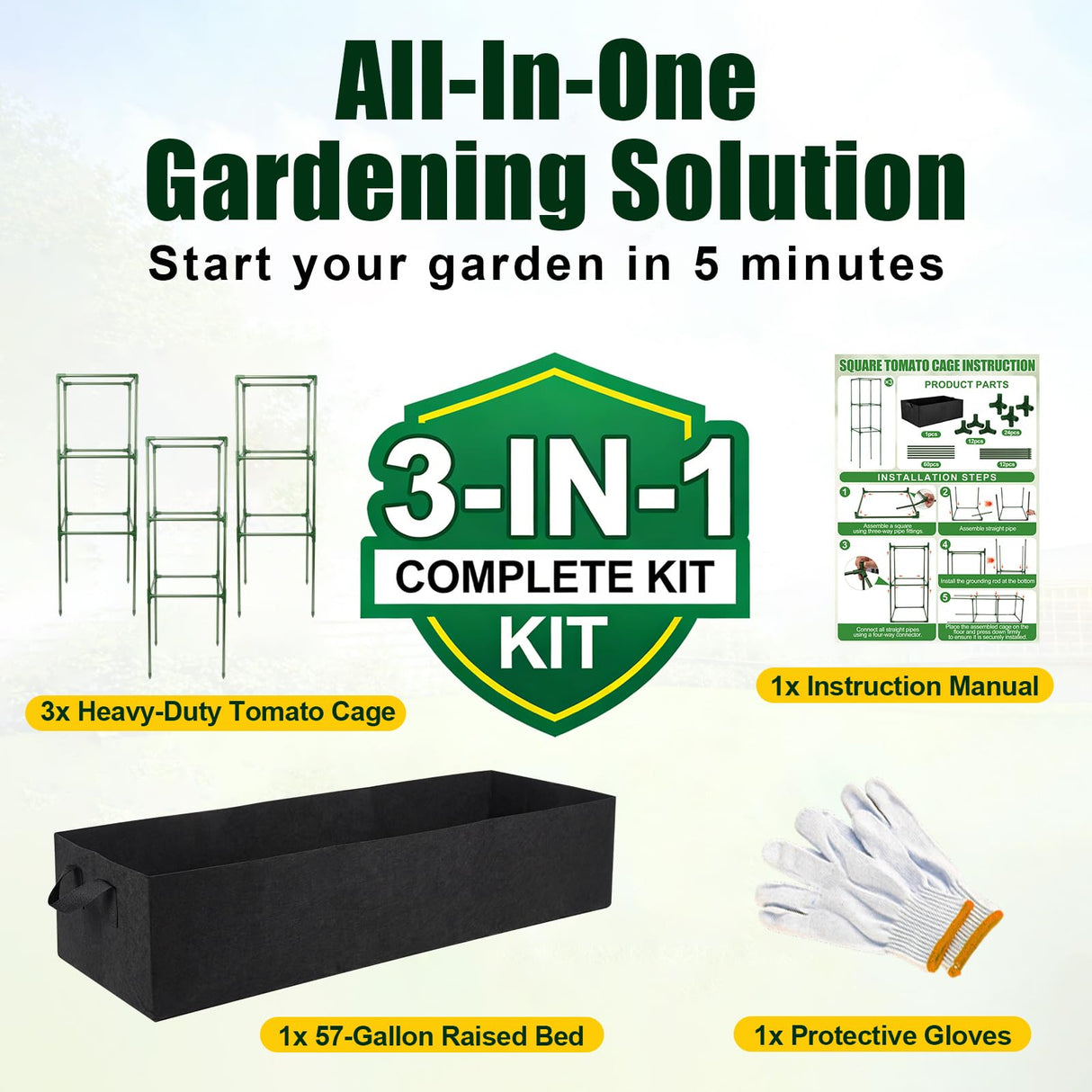 BobbleT 3 Pack Heavy Duty Tomato Cages with 86 Gallon Grow Bag, 41" Adjustable Tomato Trellis for Raised Garden Bed, Sturdy Square Plant Support for Climbing Vegetables, Cucumbers & Garden Plants