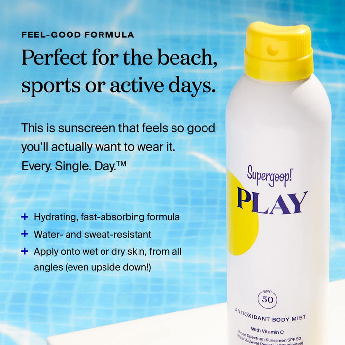 Supergoop! PLAY Antioxidant Body Mist w/ Vitamin C, 3 fl oz - SPF 50 PA++++ Broad Spectrum Sunscreen - Body Spray for Sensitive Skin - Clean Ingredients - Great for Active Days