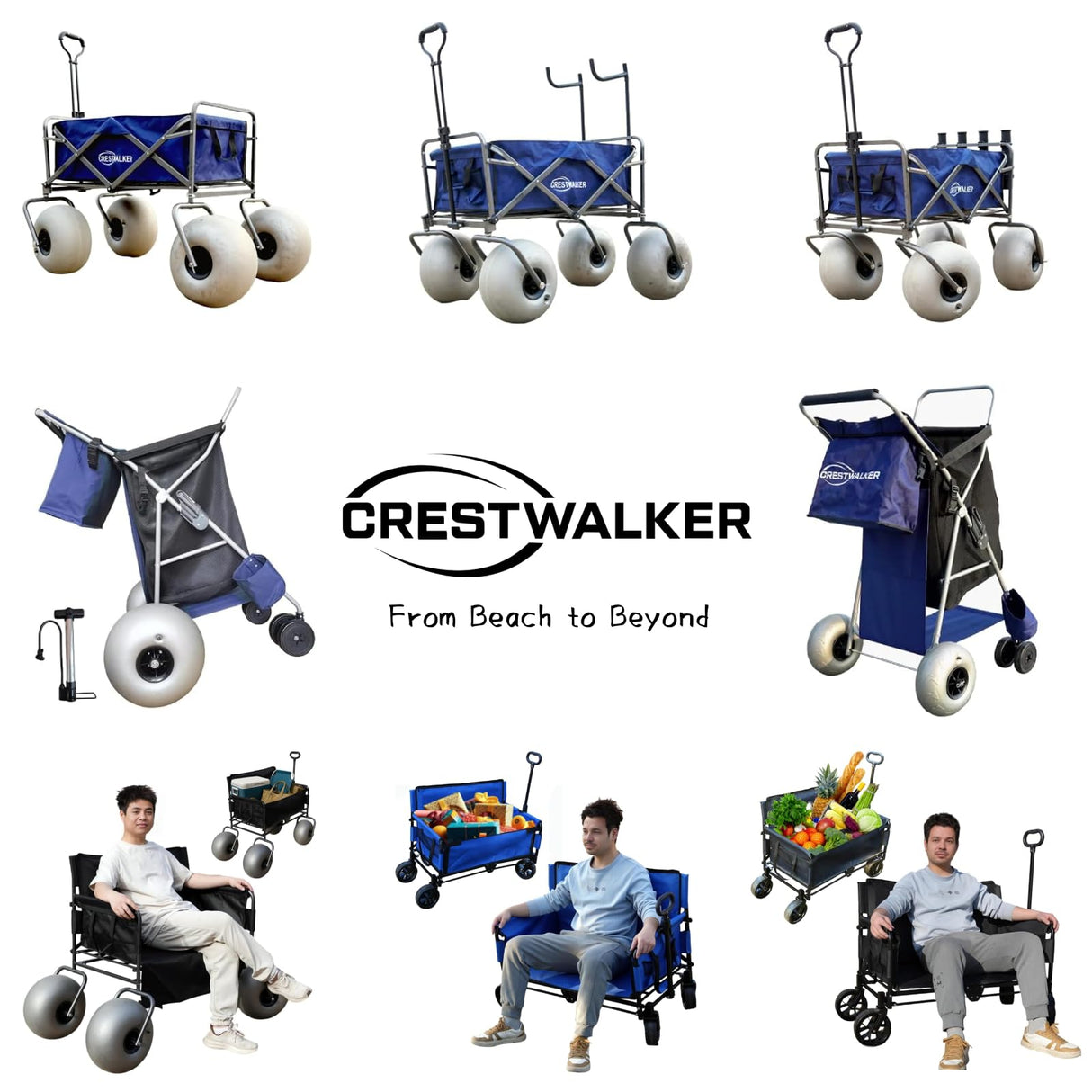 CRESTWALKER 13'' Balloon Wheel Beach Cart, Upright Stroller Wheeler with Big Wheels for Sand, Holds 4 Folding Chairs, Pump Included