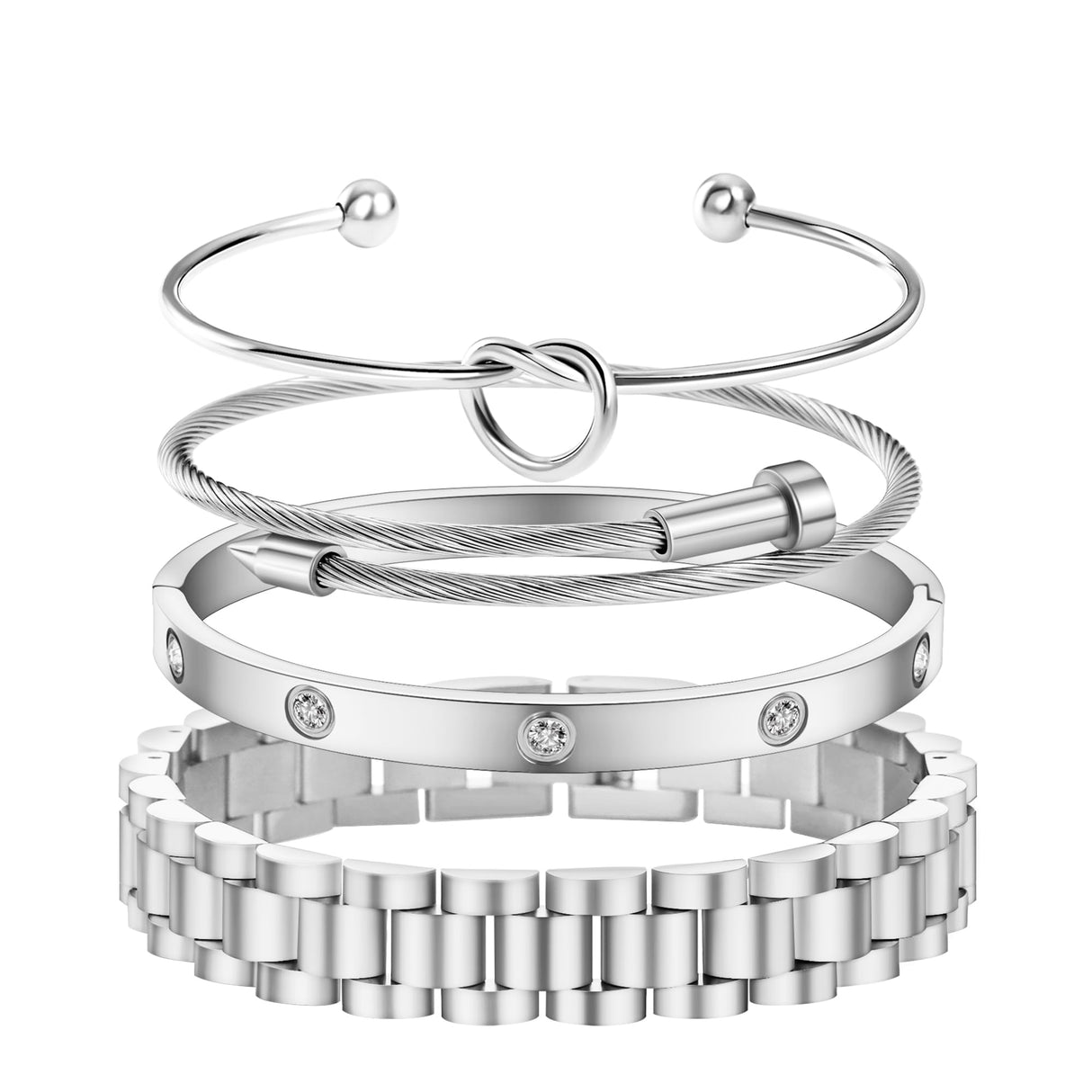 Gold Bracelets for Women Stackable Gold Bangles for Women Tennis Bracelets Bangle Cubic Zirconia 18K Gold Plated Jewelry for Gifts to Lover Girlfriend Wife Mom Sister Mother's Day Gifts Valentine Wedding Birthday (4pcs-Silver-A)