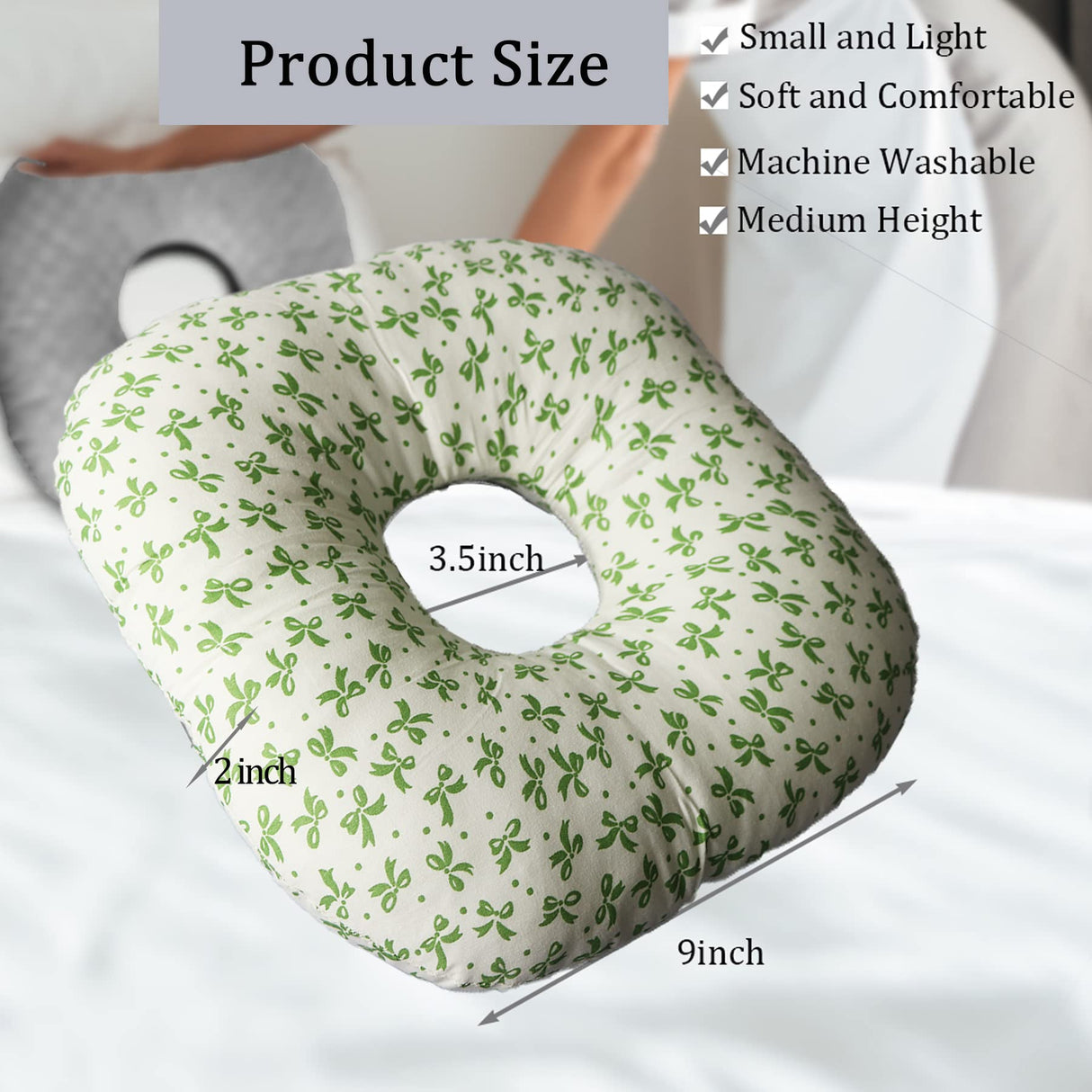 Wuronsa Ear Piercing Pillow for Side Sleepers, Pillow with an Ear Hole for CNH and Ear Pain Ear Inflammation Pressure Sores, O-Shaped Side Sleeping Pillow, Ear Guard Pillow(Green Flower)
