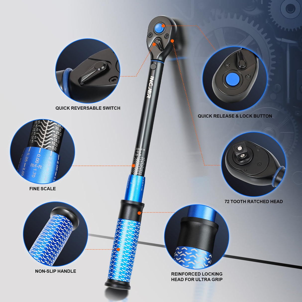 INGJER UPGRADE 3/8" Drive Click Torque Wrench,5-50Ft.Lb,Dual-Direction Adjustable 72 Tooth Click Torque Wrench for Bike, Motorcycle,Professionals & DIYers,Blue