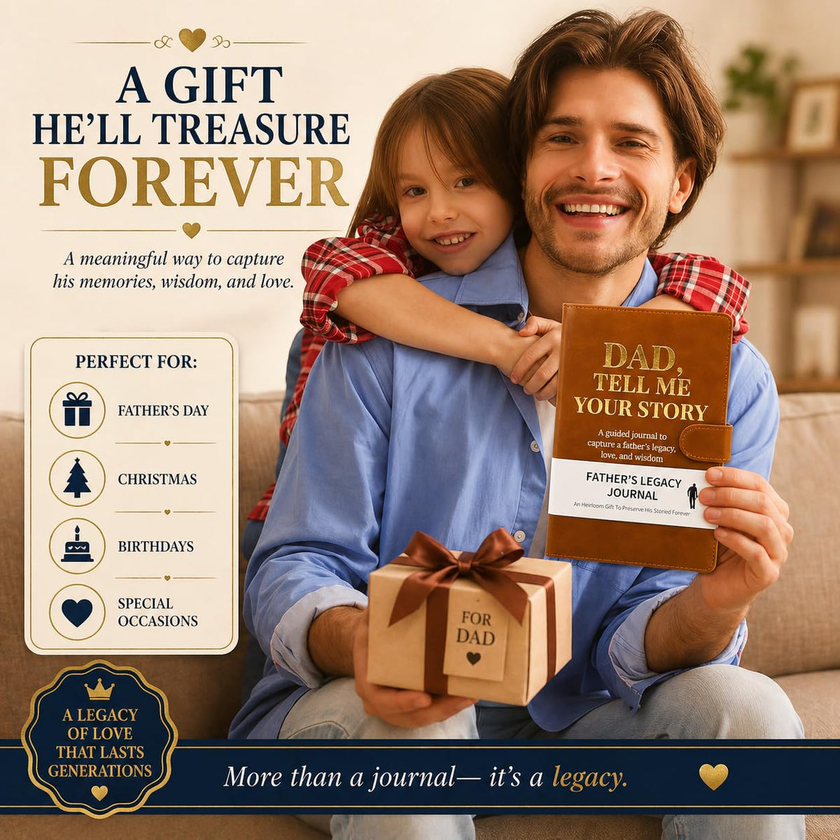 Dad Tell Me Your Life Story Leather Journal (Hardcover) - A Family Heirloom Keepsake with + 275 Prompts to Share His Life Story Book and Memories, Father's Day, Christmas Gift from Daughter & Son