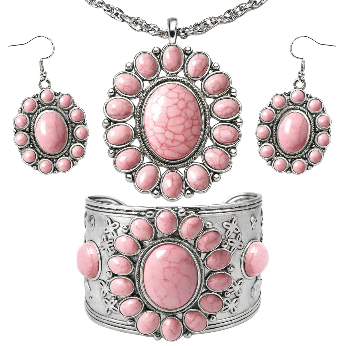 Shop LC Howlite Western Jewelry Set for Women | Turquoise Inspired Cowgirl Boho Necklace Earrings Bracelet | Chunky Statement Southwestern Jewelry - Sunset Rose