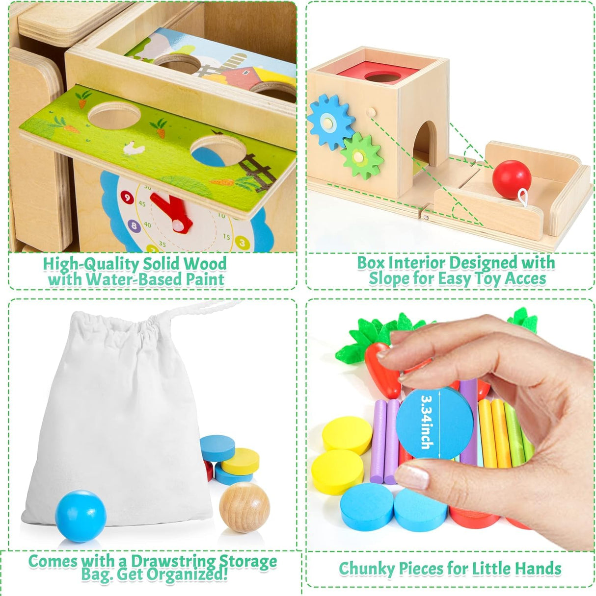 Kizfarm Wooden Montessori Baby Toys, 8-in-1 Wooden Play Kit Includes Object Permanent Box, Coin Box, Carrot Harvest, Shape Sorting & Stacking - Christmas Birthday Gift for Boys Girls Toddlers