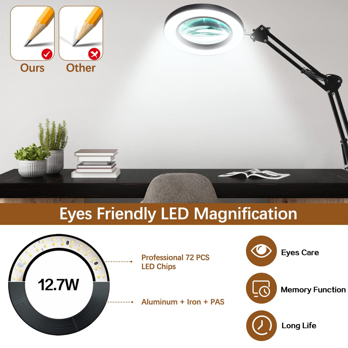 VUEJIC 10X Magnifying Glass with Light and Clamp, Magnifier with Light Hands Free3 Color Modes Stepless Dimmable, 72 LEDs Real Glass Lens Magnifying Lamp for Close Work, Repair, Reading, Craft