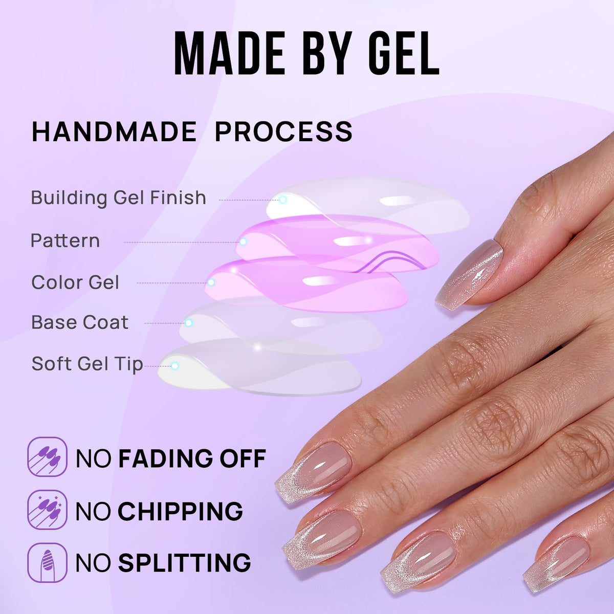 BTArtbox Press On Nails, Short Coffin French Tip Nails, 32 Pcs Full Kit