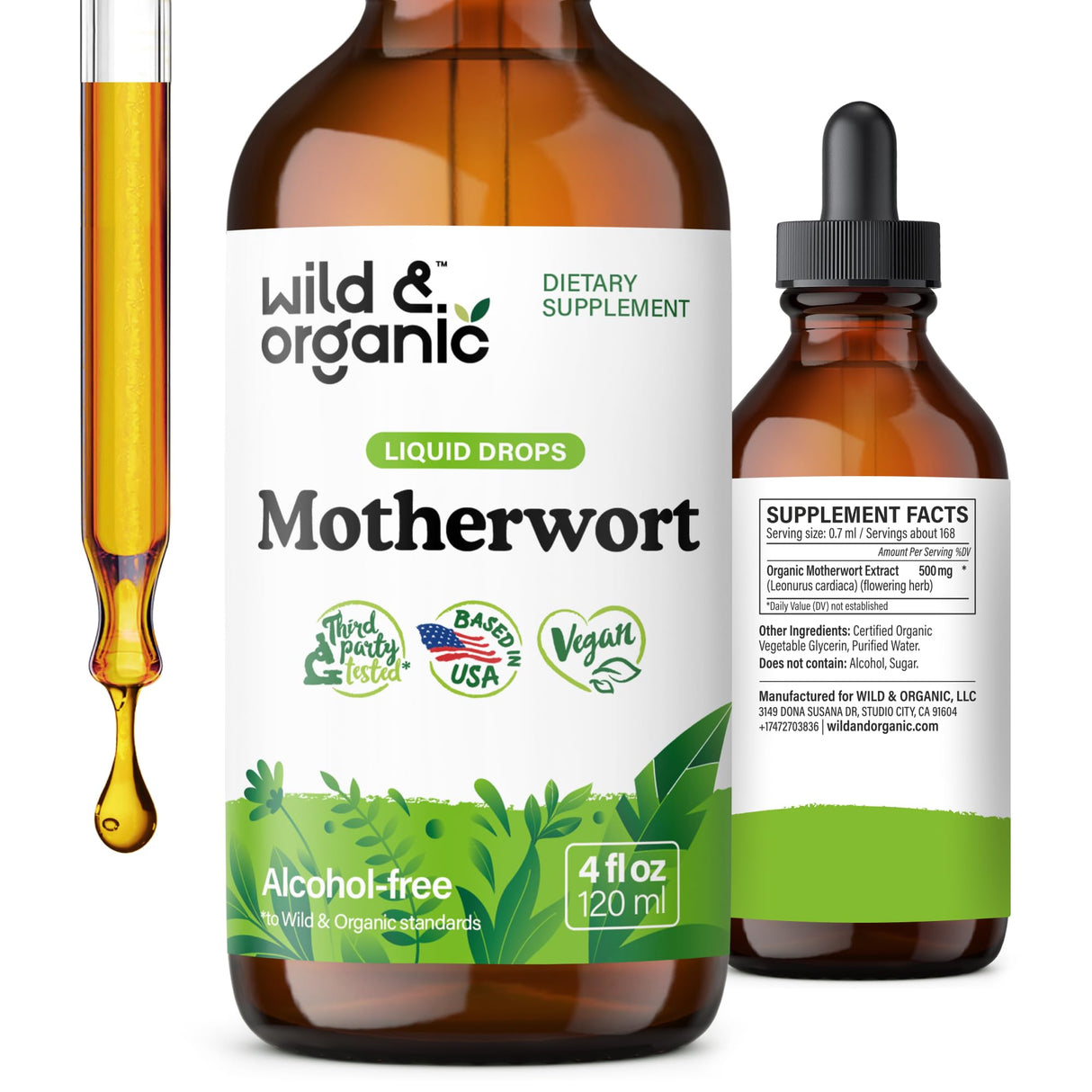 Wild & Organic Motherwort Tincture - Good Mood, Calmness, Overall Support - Supplements for Women with Motherwort Herb - Vegan, Sugar & Alcohol-Free Extract Drops - 4 fl oz