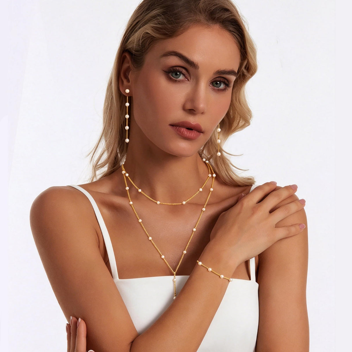 HAXIYA Lariat Long Gold Necklace for Women Pearl Y Necklaces Set