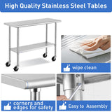 ROCKPOINT Stainless Steel Table for Prep & Work with Caster Wheels 24x48 Inches, NSF Metal Commercial Kitchen Heavy Duty Table with Adjustable Under Shelf and Table Foot for Restaurant, Home and Hotel