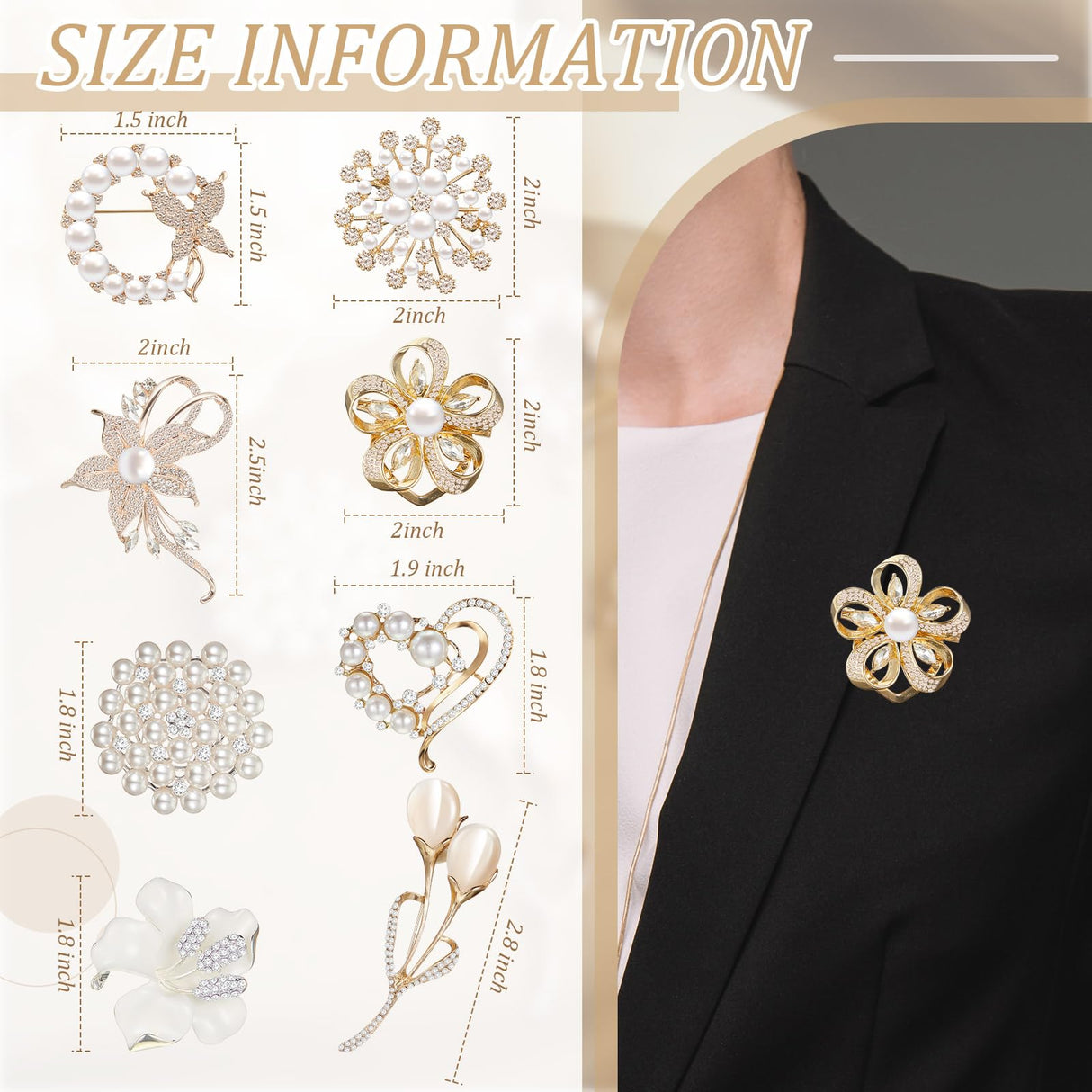 Ecally 8 Pcs Brooches and Pins for Women, Flower Crystal Pearl,Groovy