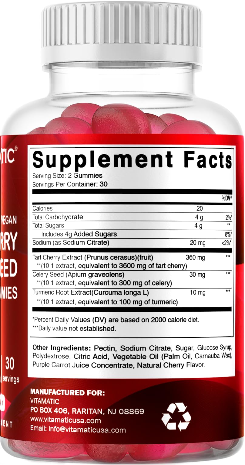 Vitamatic Tart Cherry with Celery Seed Gummies – 4000mg Equivalent Per Serving (from 10:1 Extract, 400mg) - 2-Pack
