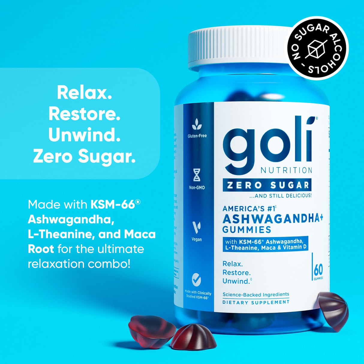 Goli Zero Sugar Ashwagandha & Vitamin D, Maca, L-Theanine Gummies, No Artificial Sweeteners, No Sugar Alcohols. Mixed Berry, KSM-66, Vegan, Plant Based, Non-GMO, Gluten-Free & Gelatin Free. (3)