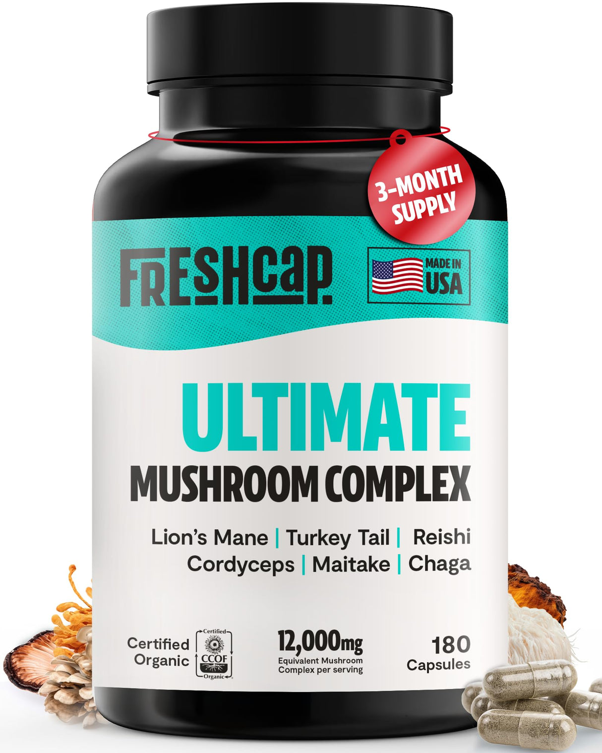 FreshCap Ultimate Mushroom Supplement 12,000mg - Nootropic Complex Capsules, Organic Mushroom Immune Support, Brain Supplements for Memory and Focus, Ayurveda Nootropic (180 Capsules)
