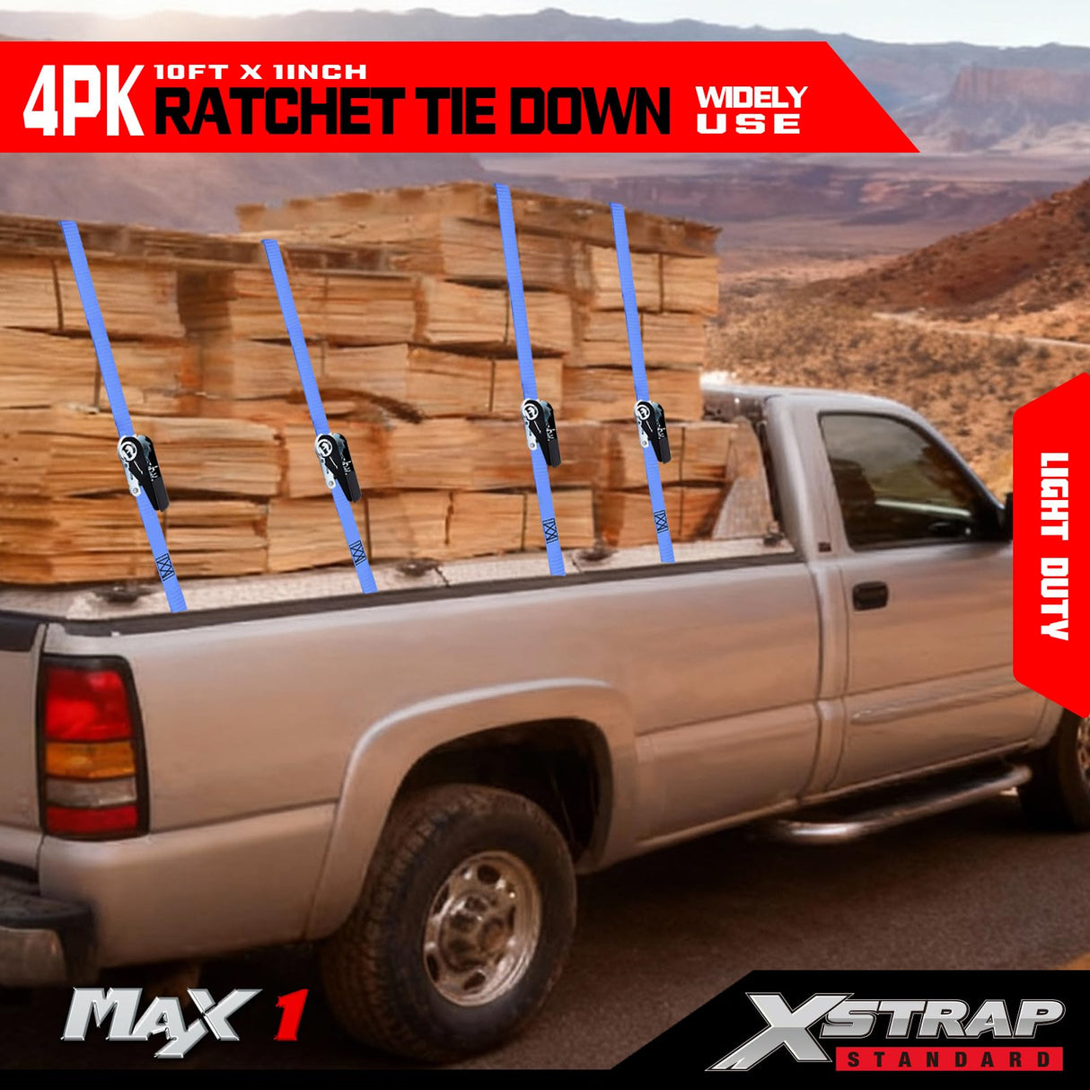 XSTRAP STANDARD Ratchet Tie Down Straps 4 Pk 10 Ft- 300 Lbs Load Cap- 900 Lbs Break Strength-Cargo Straps for UTV, ATV, Pickup,Truck, Moving Appliances, Lawn Equipment, Blue