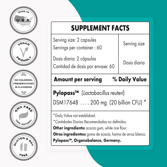 Supersmart - H. Pylori Fight 20 Billion CFU per Day - Probiotic Lactobacillus Reuteri Supplement | Non-GMO & Gluten Free - 120 Vegetarian Capsules