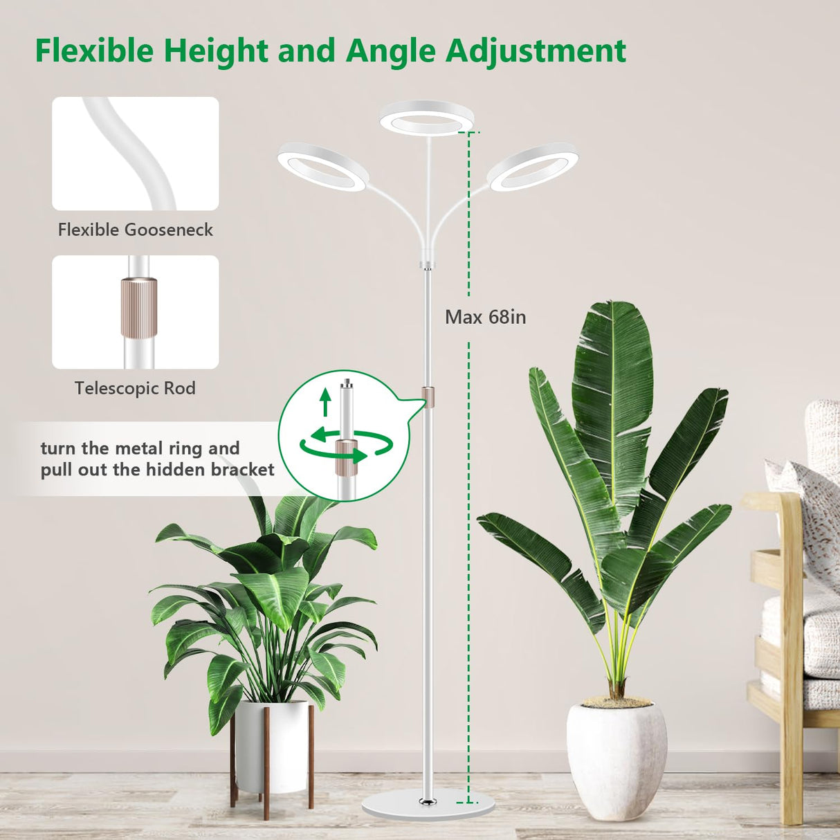 Aumtrly Grow Lights for Indoor Plants, 3 Head Full Spectrum Plant Light with 68" Adjustable Stand for Growing Large Tall Plants, White Halo Floor LED Grow Lamp with 16 Hour Timer