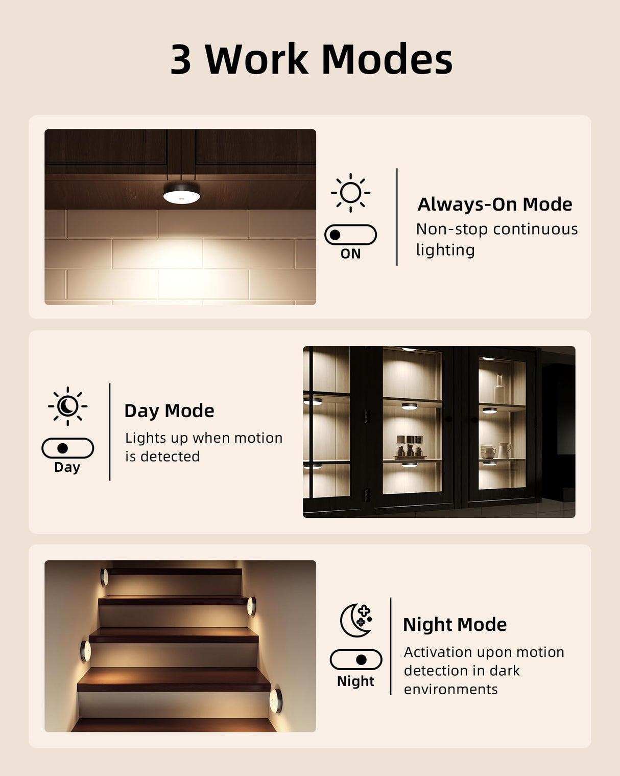 EZVALO Under Cabinet Lighting,1000mAh Rechargeable Puck Lights with Remote,3 Color Temps & 12 RGB Motion Sensor Closet Lights Indoor,Dimmable Under Cabinet Lights for Kitchen,Cabinets,Closet (3 Packs)