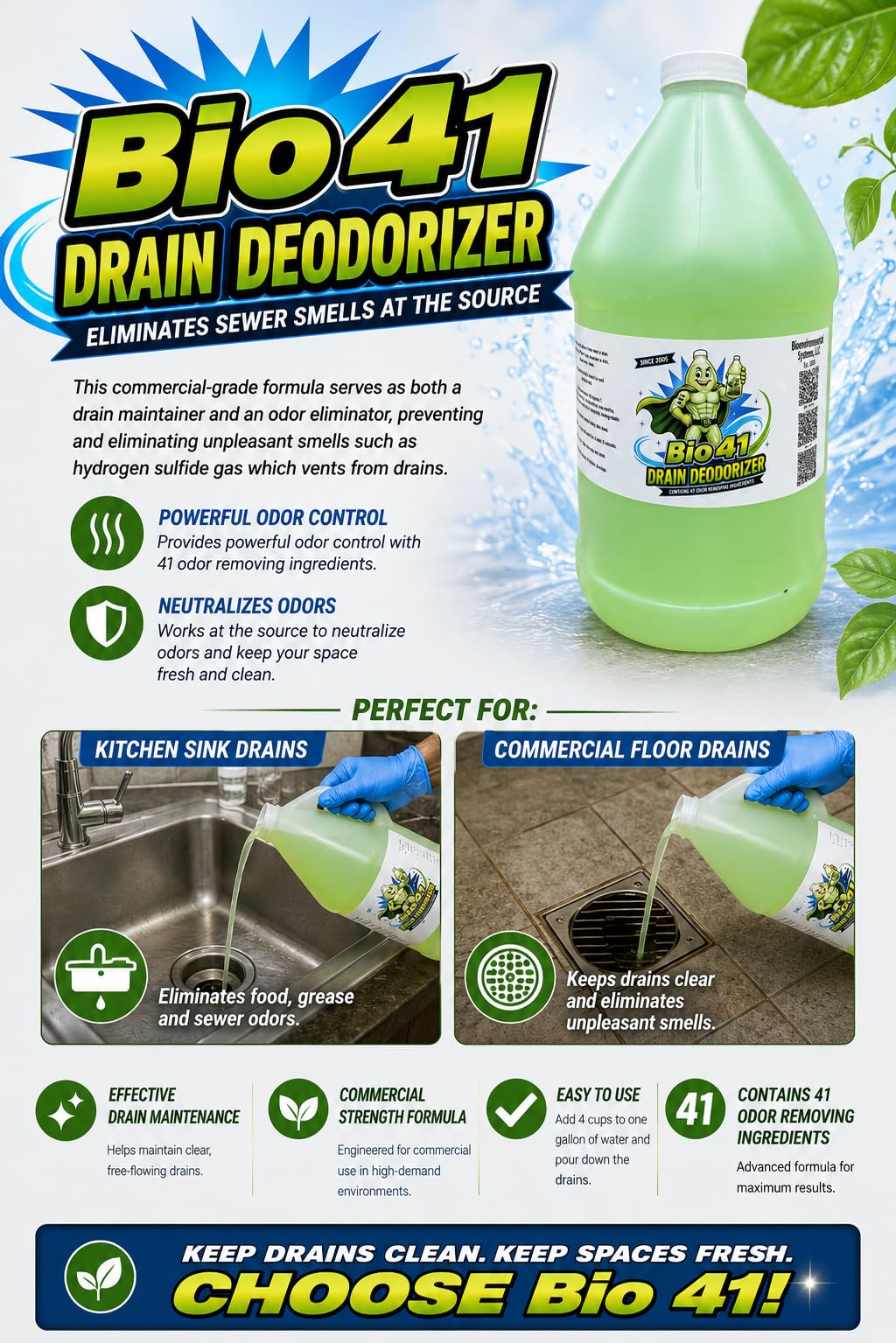 Drain Deodorizer- Odor Eliminator - Commercial Drain Deodorizer - Neutralizer Sewer Gas Smell Remover - One Gallon