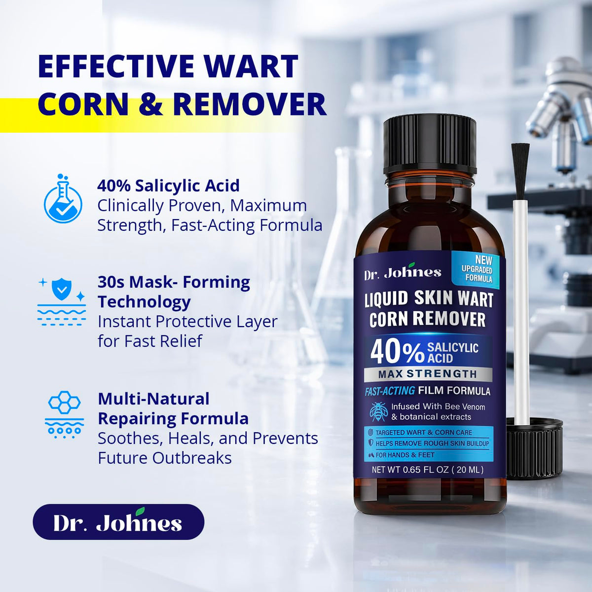 Dr.Johnes Fast-Acting Wart Remover Liquid: 40% Salicylic Acid Maximum Strength Plantar Wart and Corn Remover with Bee Venom for Hands, Feet and Toes