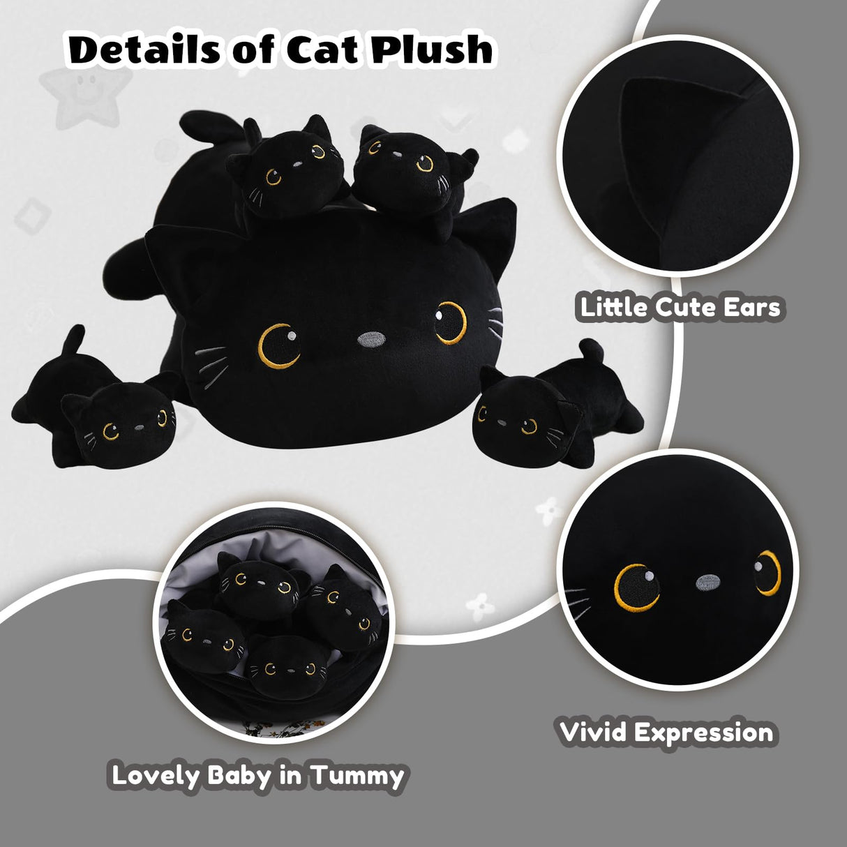 SQEQE Black Cat Mommy Stuffed Animal with 4 Babies Cat in her Tummy, Cute Black Cat Plush Toys for Kids, Gifts Ideal for Christmas, Valentine's, Birthday