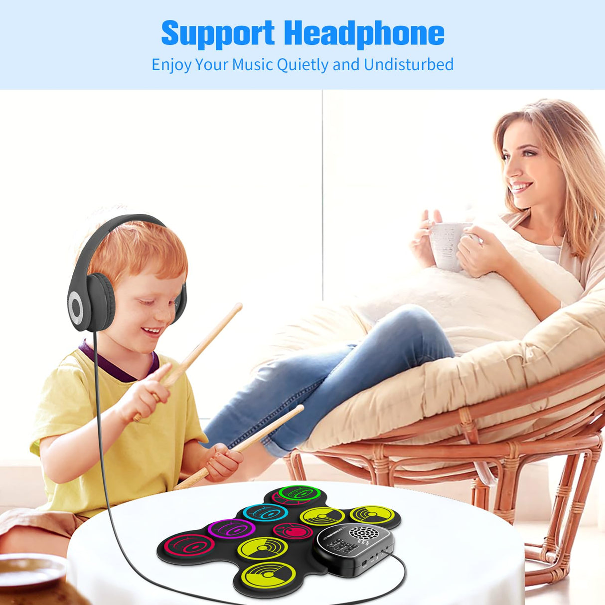 Miortior Electronic Drum Set, 10 Pads Roll-up Drum Practice Pad with Drum Pedals & Sticks, Built-in Speaker with Headphone Jack, Great Christmas & Birthday Gift for Kids