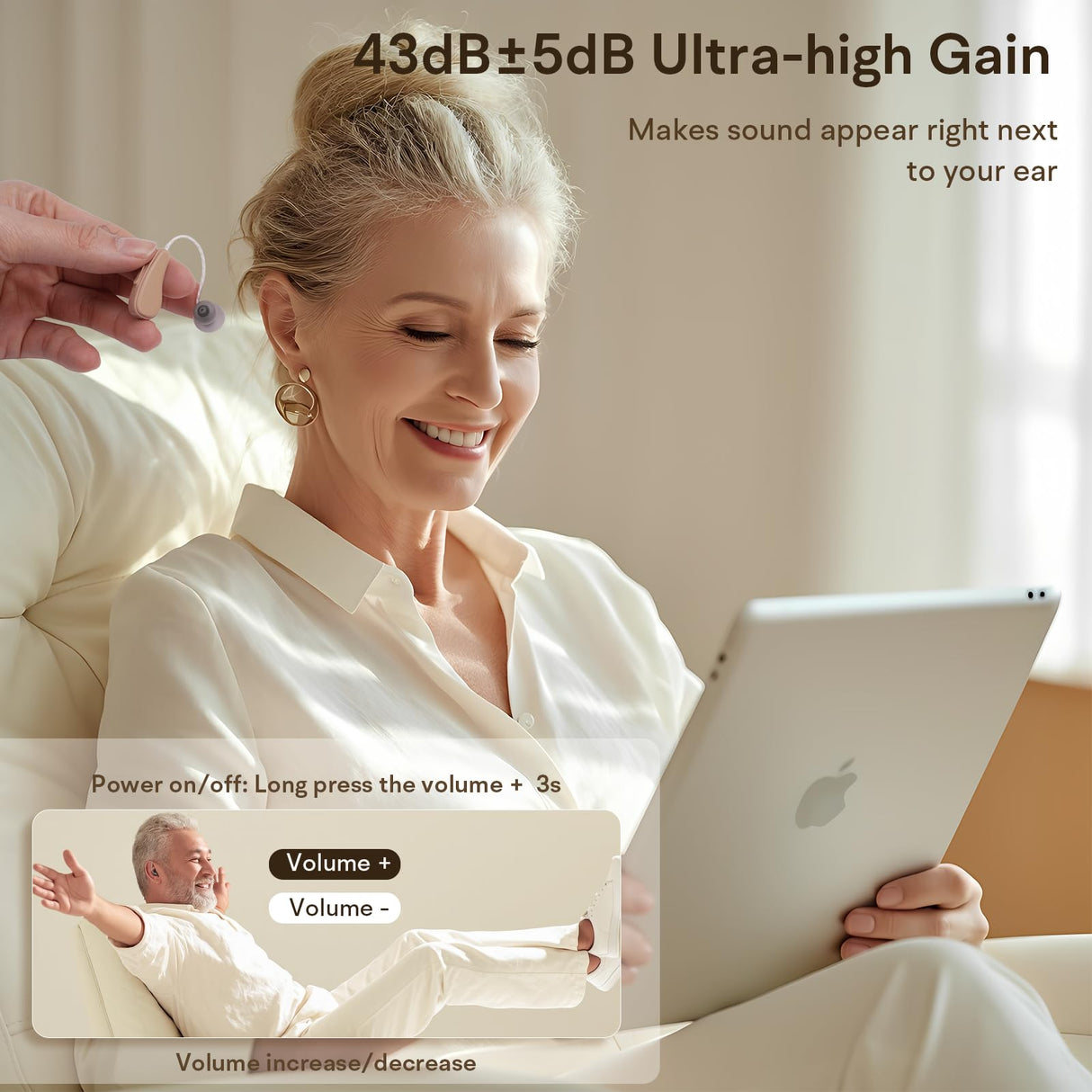 Hearing Aids, Hearing Aids for Seniors, Rechargeable Hearing Aid with Noise Cancellation, 5-Level Button Volume Control, OTC Hearing Amplifier for Moderate Hearing Loss, Clear Sound