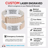 MEALGUET Comfortable Medical ID Bracelet for Men & Women - Custom Engraved Silicone Strap Comfort Medical Alert Bracelets for Sports,Adjustable Waterproof Customizable ID Wristband,White blue