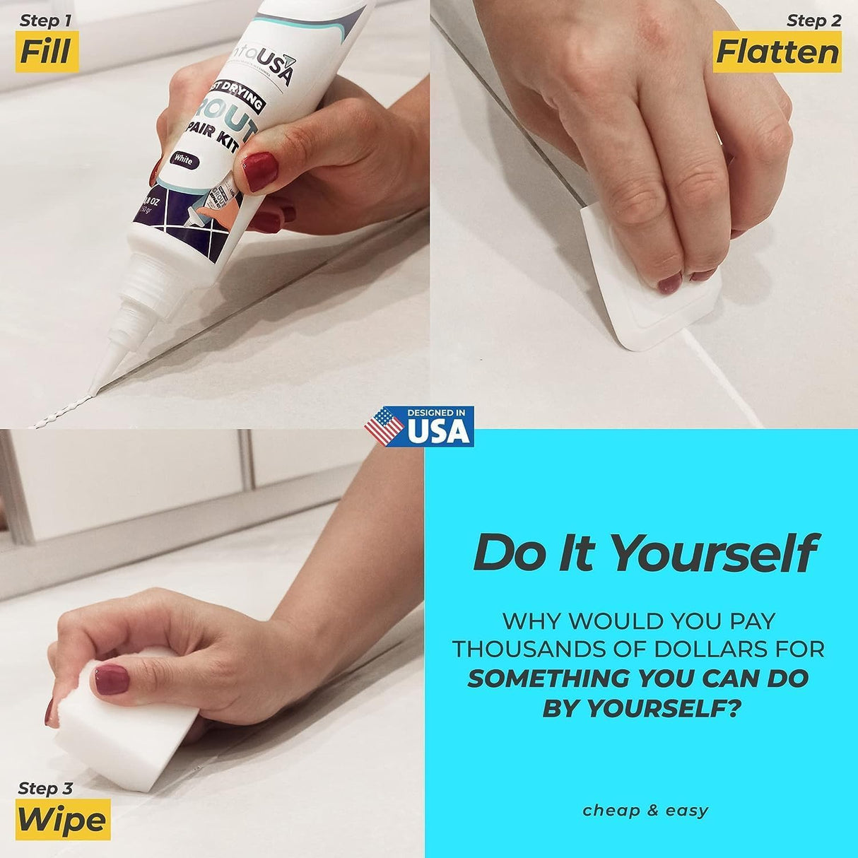 PentaUSA Tile Grout Repair Kit - White Premixed Acrylic Sanded Grout Filler for Bathroom, Shower, and Kitchen, Water-Resistant Tube with Applicator, Fills Cracks and Gaps, Fast Drying (8.8oz / 250g)