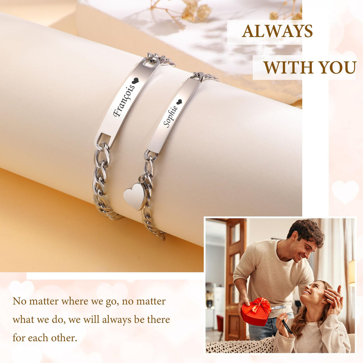 Personalized Matching Bracelet for Couple - Free Engraving Custom Couples Bracelets,Hypoallergenic Adjustable Stainless Steel Long Distance Relationship Jewelry,Promise Bracelet Gifts for Him and Her