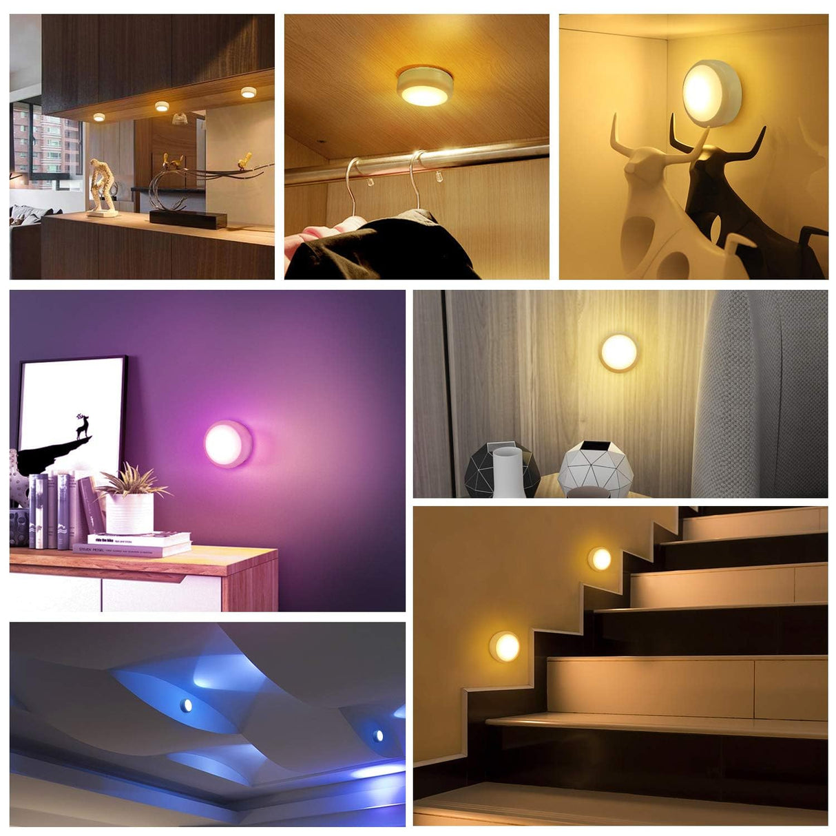 BLS LED Puck Lights with Remote Control, Wireless Under Cabinet & Closet Lighting, RGB 13 Color Changing Lights with Dimmer, Timer & AA Battery Operated, Push, Touch, Stick on for Night, White, 6 Pack