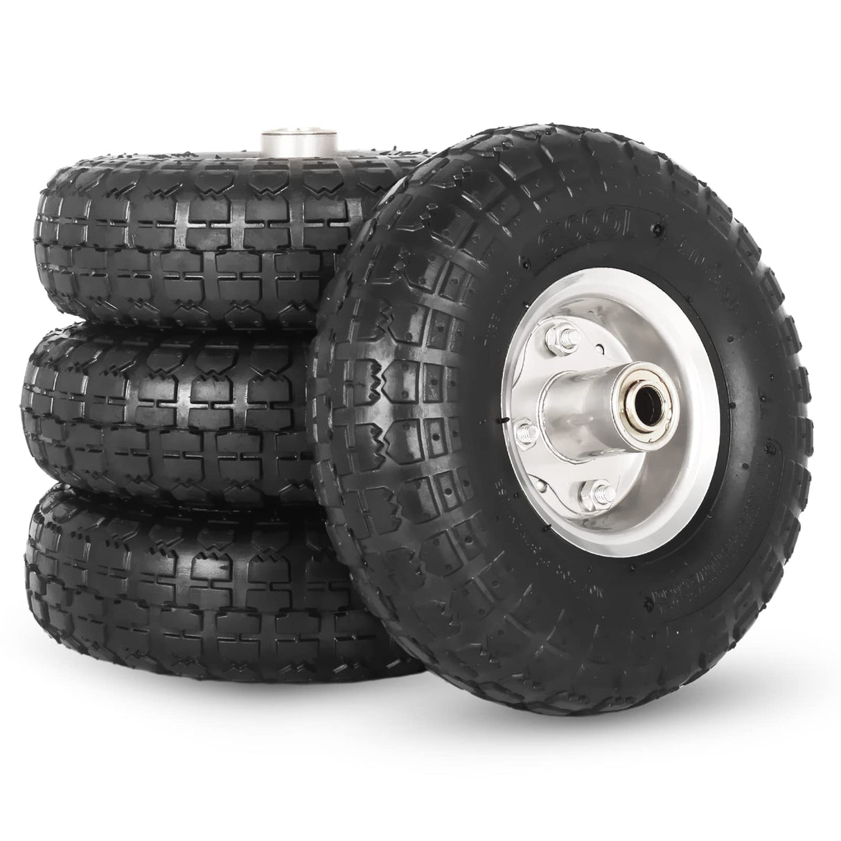 GICOOL 4.10/3.50-4" Tire and Wheel, 10" Pneumatic Tire, 4 Pack, with 2 1/4" Offset Hub, 5/8" Axle Bore Hole, Sealed Bearings for Hand Truck Trolley Dolly Garden Wagon Cart Wheel Replacement