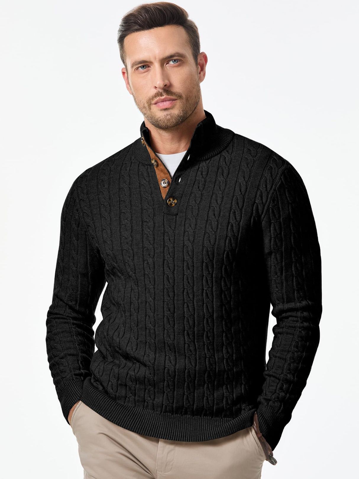 JMIERR Men's Cable Knit Slim Fit Casual Long Sleeve Essentials Soft Touch Button Stand Collar Wool Christmas Sweaters, M, Black