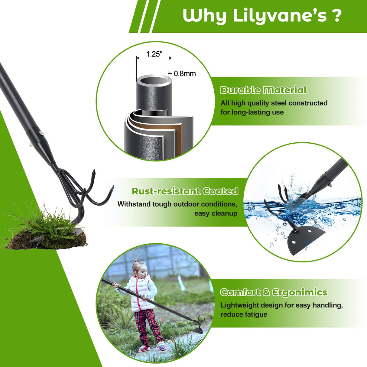 Lilyvane Garden Hoe, 2 in 1 Weeding Hoe and Cultivator Soil Tiller, 66" Long, Heavy Duty Hoe Garden Tool for Weeding, Loosening Soil, Cultivating, Gardening