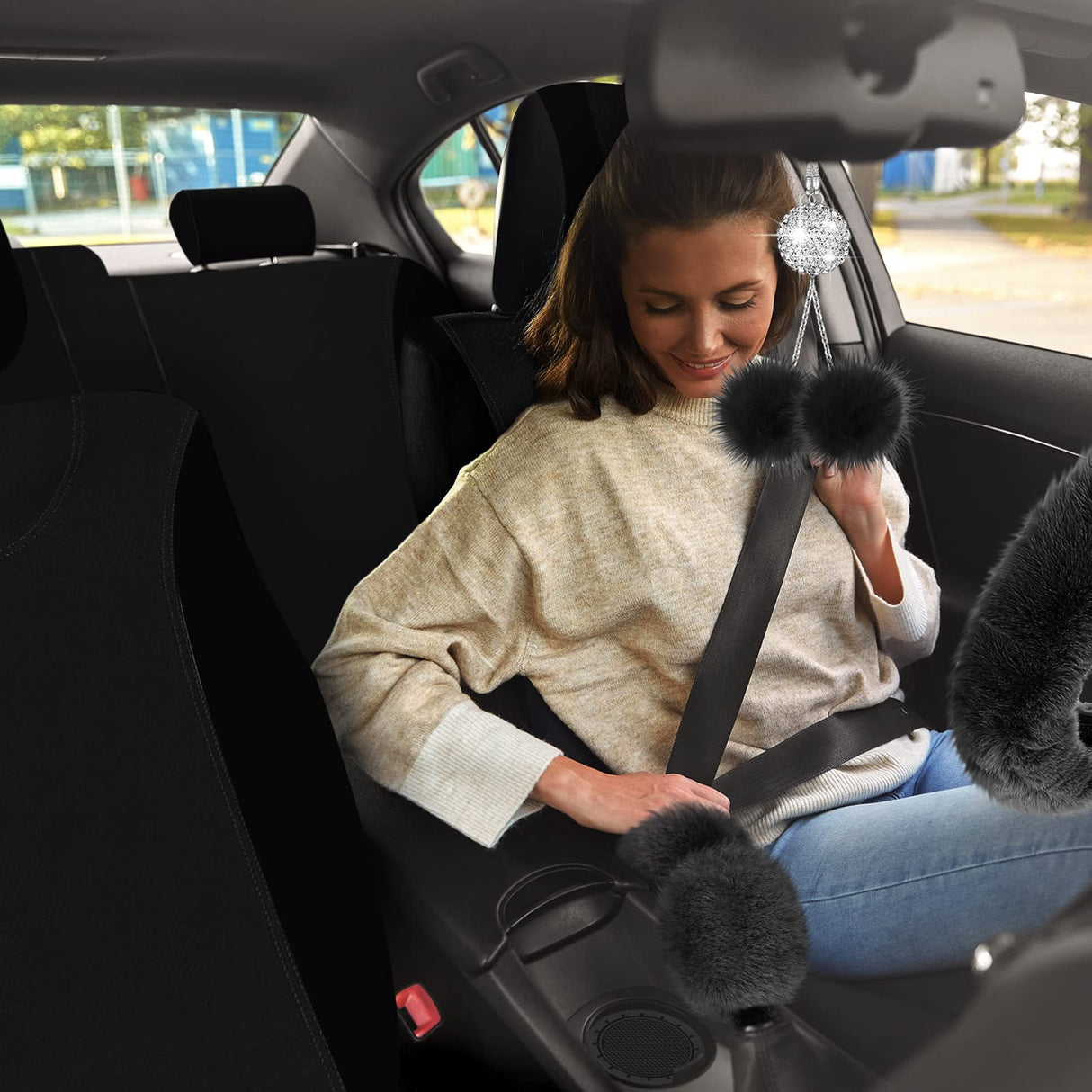 Fulmoon 17 Pcs Car Seat Cover Full Set for Women Fluffy Fuzzy Car Accessories Christmas Front Rear Steering Wheel Fleece Handbrake Shift Covers Hanging Accessory Holder Ring Emblem(Black)