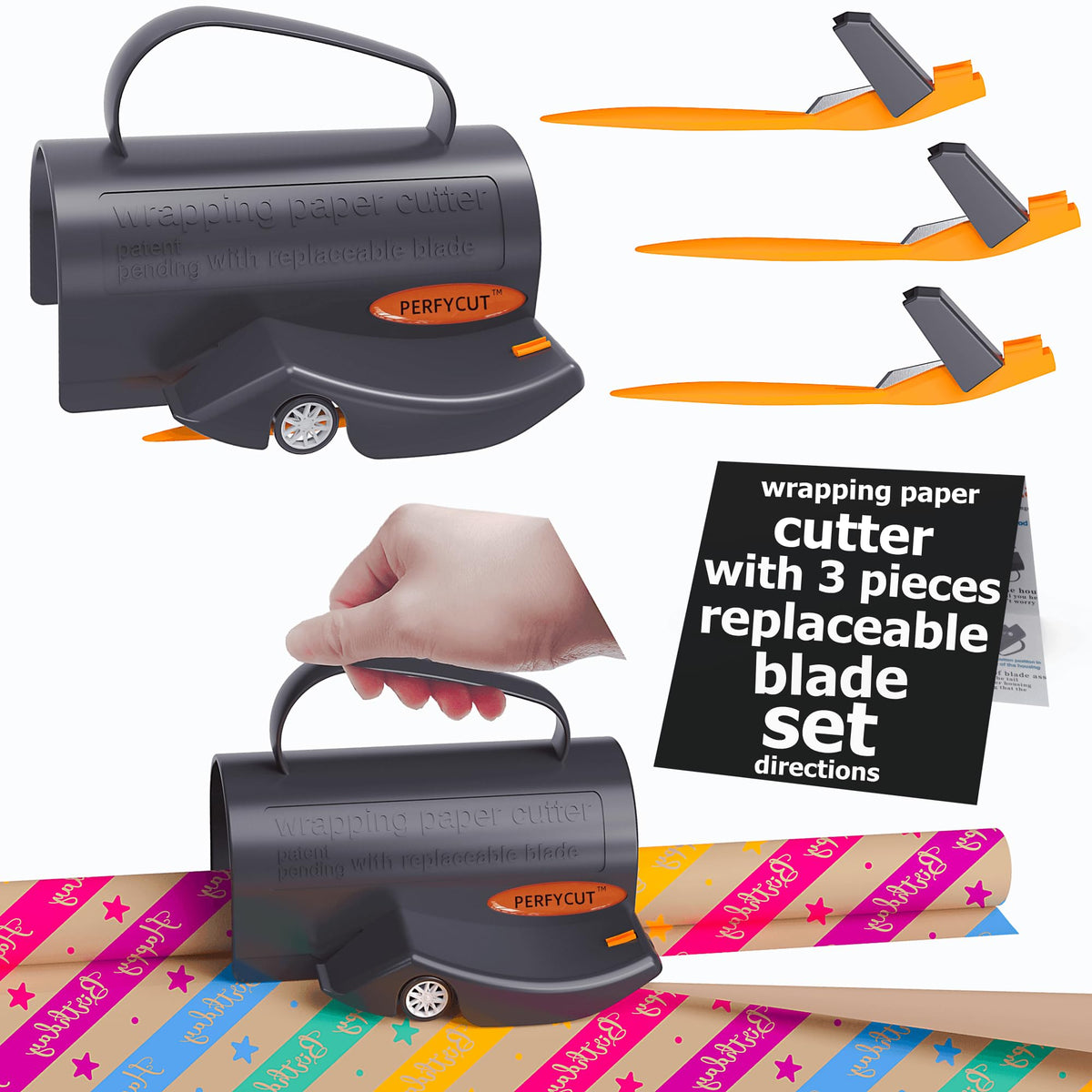 PERFYCUT Wrapping Paper Cutter with 3 Replaceable Blade Sets for Birthday Paper Gift Wrapping Paper Roll Cutter and Christmas Wrapping Paper Cutter Tool Tube Holder Slidding Slicing.