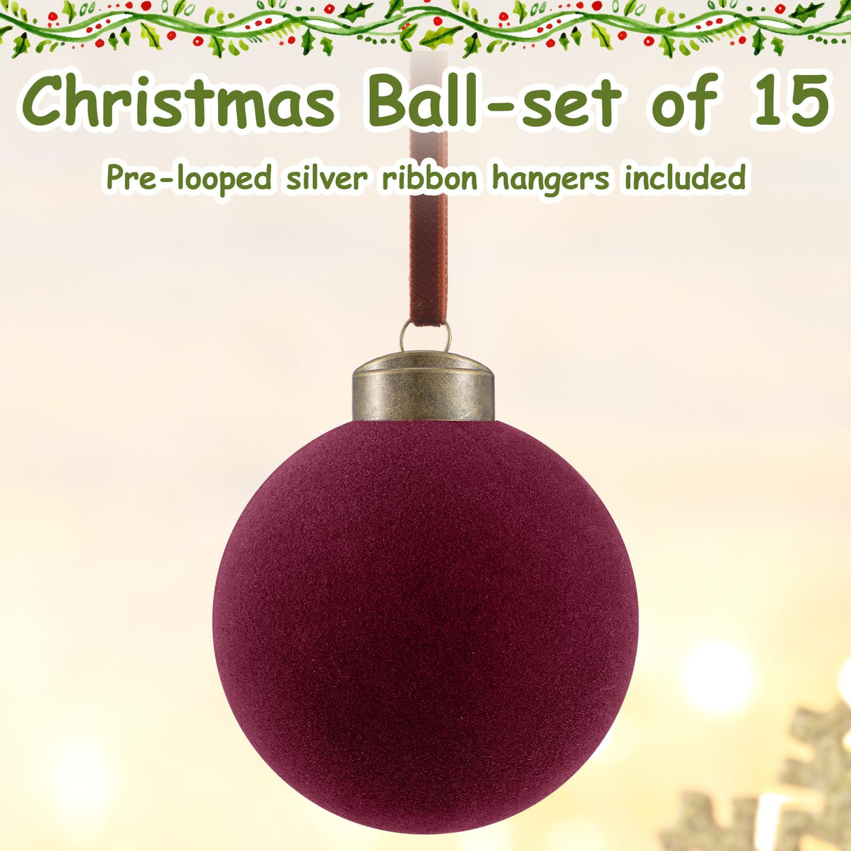 Liliful 15 Pcs Velvet Christmas Balls Bulk Flocked Christmas Tree Ball Ornaments Plastic Xmas Decorative Hanging Ornaments (Burgundy)
