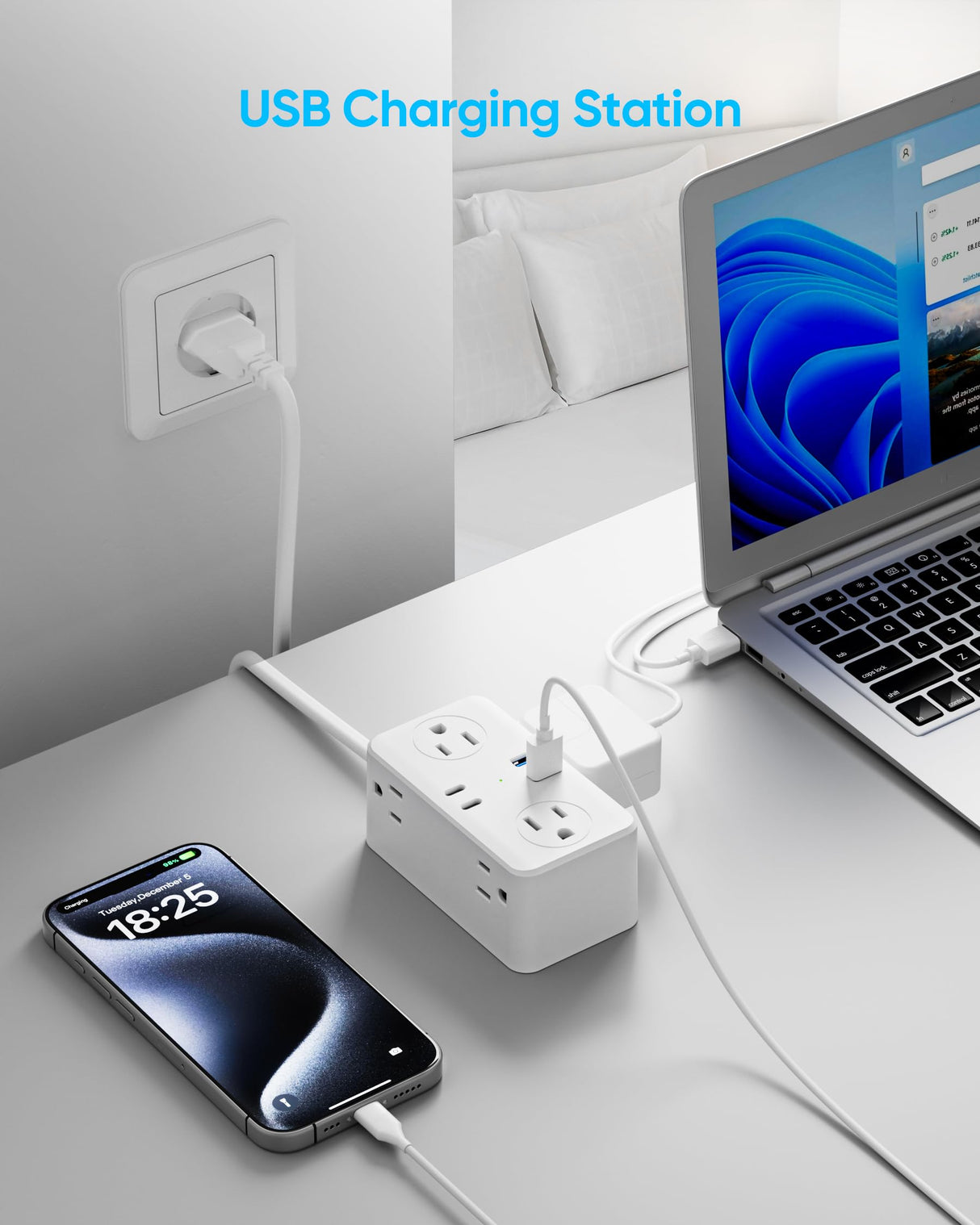 Kakyanill European Travel Plug Adapter, EU/UK/US Travel Plug Adapter Power Strip, 6 AC Outlets, 4 USB Ports (2 USB C), 3ft Wrapped Around Extension Cord, Universal Travel Adapter