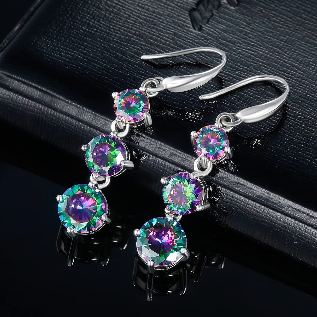 Dangle Earrings for Women,5/6/7mm Round Rainbow CZ,18K White Gold Plated