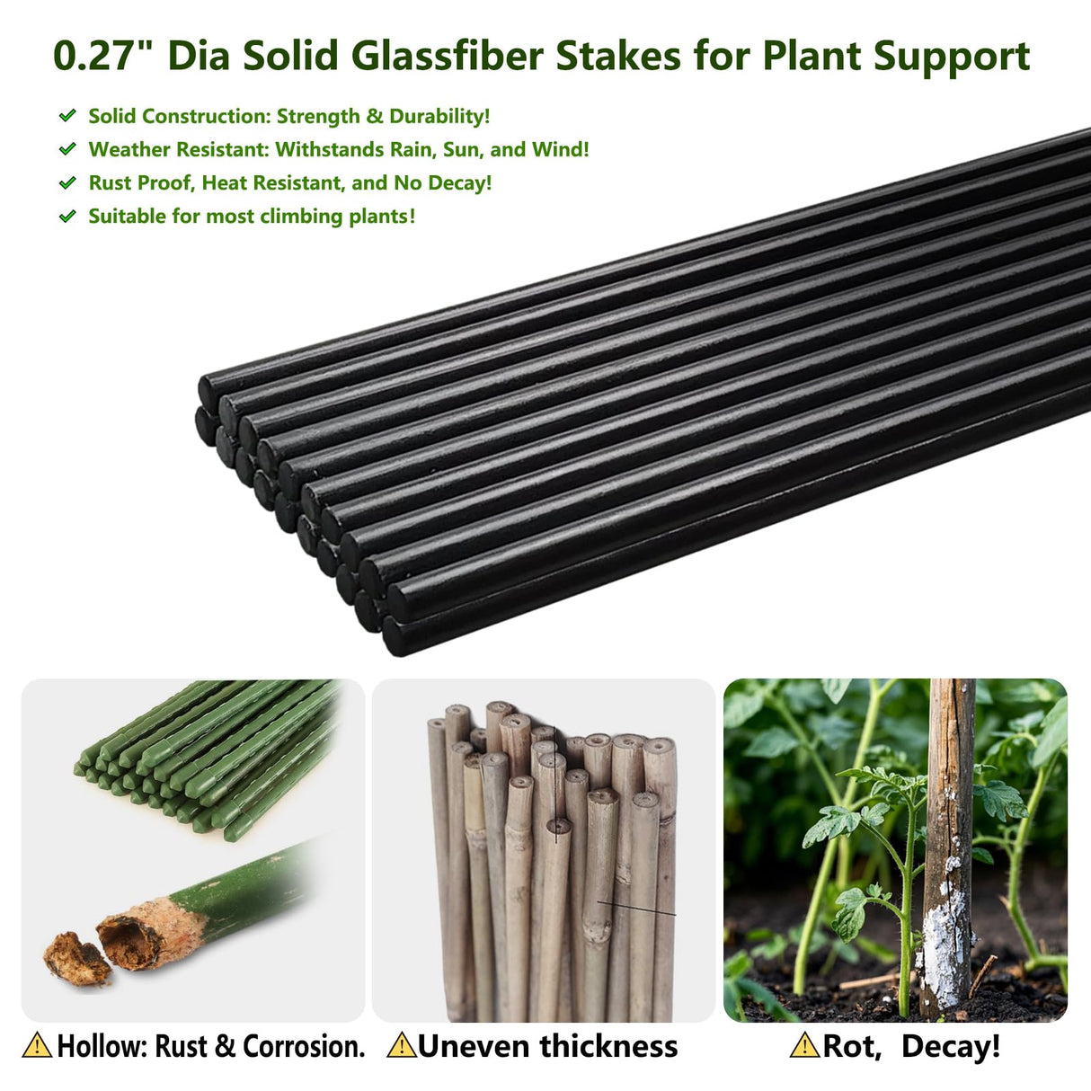 Garden Stakes 48 inch 20 Pack 0.27" Dia Solid Glassfiber Plant Support Rod Tomato Trellis Stakes (Black)