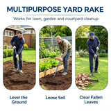 WIKER Heavy Duty Steel Garden Rake, 57 Inch Fiberglass Long Handle with 14 Tempered Tines, One-Piece Non-Slip Yard Rake for Soil, Gravel, Leaves, Gardening & Landscaping