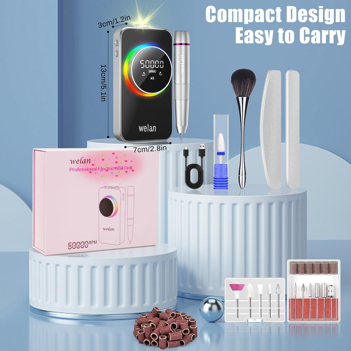 Electric Nail Drill Professional 50000RPM, Electric Nail File Portable for Acrylic Gel Nails, 6000mAh Rechargeable Nail Drill Machine, Efile Kit with 12pcs Bits for Manicure Salon Home
