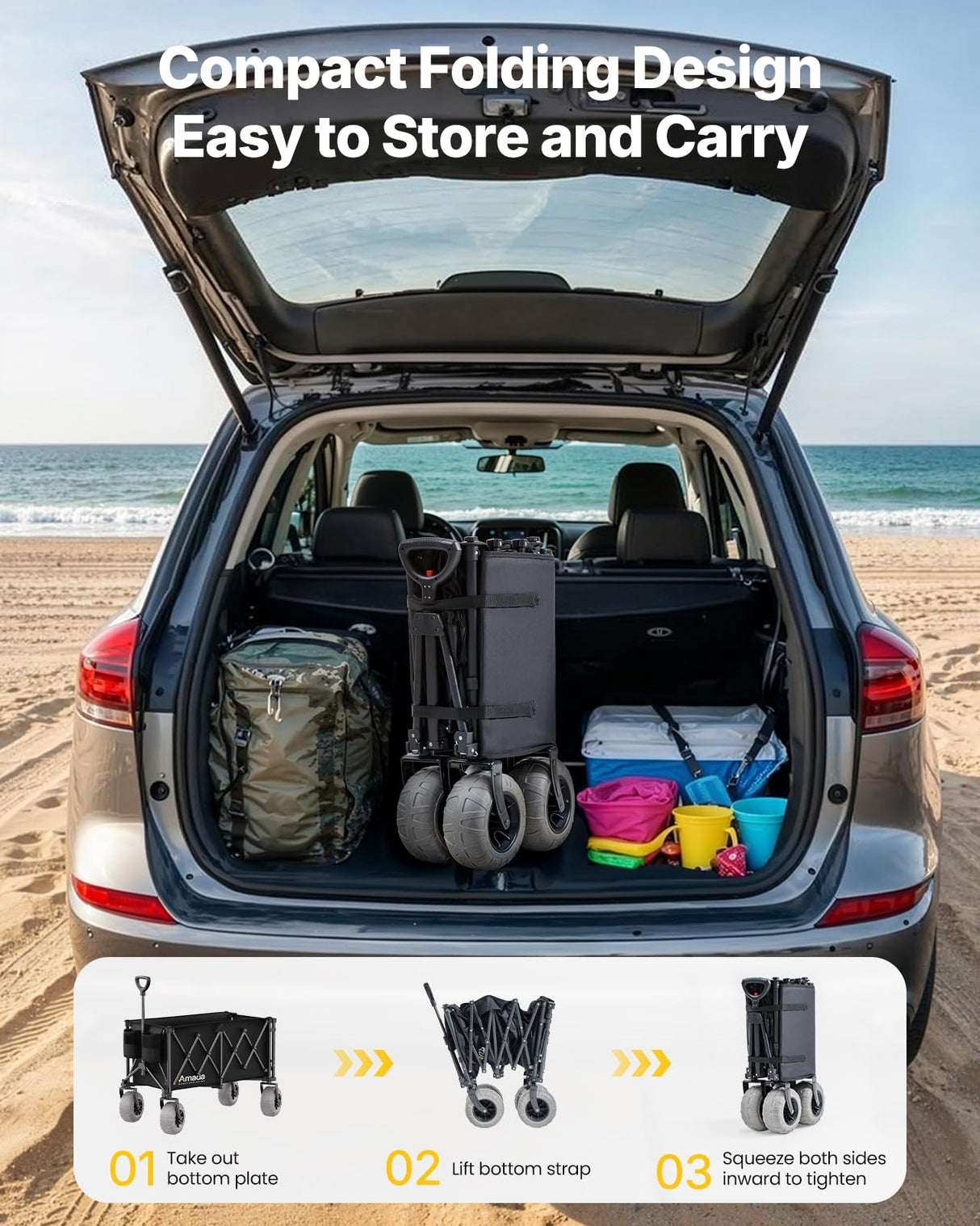 Beach Wagon with Big Wheels for Sand, 260L Capacity, Heavy Duty All-Terrain Folding Wagon with Expandable Rear, Durable Carbon Steel Frame & Big 8.3" Wheels for Beach, Outdoor & Camping Activities