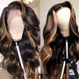 haha Brazilian Human Hair Highlight 4x4 Lace Front Wig Balayage Body Wave Ombre Lace Closure Wig Pre Plucked Honey Blonde 150% Density 18 Inch FB30