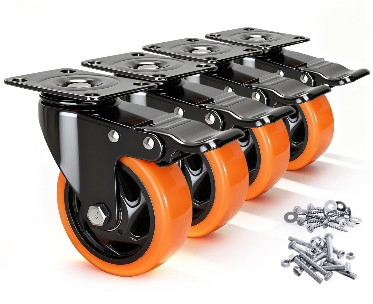 Caster Wheels, 4 Inch Caster Set of 4, Dual Locking PU Casters 2400LB, Swivel Casters for Furniture, Workbench & Tool Cart – Quiet, Floor Safe, Smooth Rolling