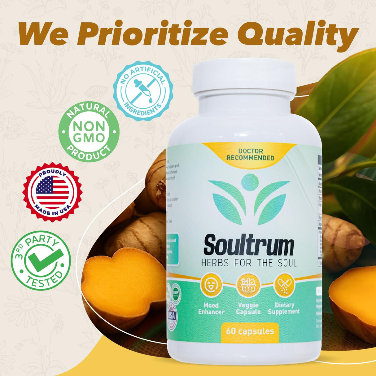 Mood Support Supplement - Daily Herbal Happiness, Energy and Focus Formula with Saffron, Omega 3 Fatty Acids, Turmeric, Rhodiola Rosea, Probiotics, L-Theanine, Magnesium and Ashwagandha - 60 Capsules