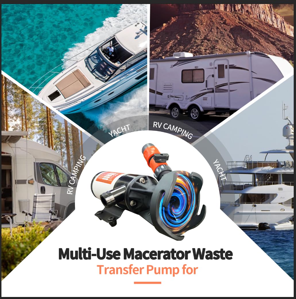 RV Macerator Pump 12V,Portable Macerator Waste Pump,12GPM Suction 3.2 feet Lift 10 feet with Garden Hose Discharge Port,Quick Release Sewage Pump with Fresh Water Crushing for Halloween Christmas